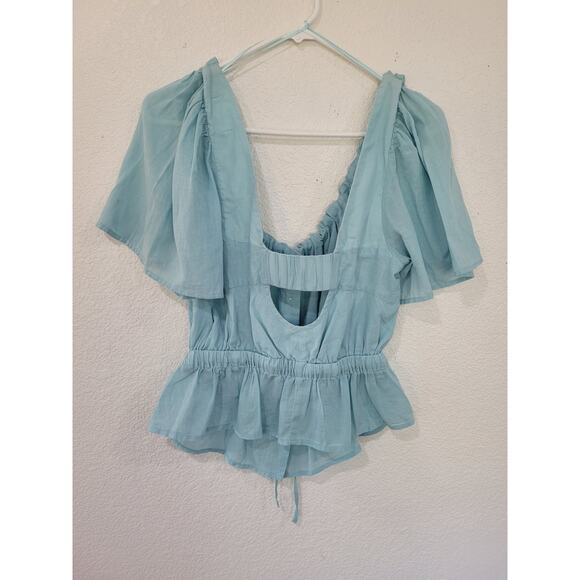 7 for All Mankind Tie V-Neck Poplin Crop Top Blue Blouse size Small #16 - Picture 3 of 6